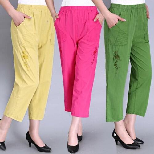 2021 Spring Autumn Women Cropped Cotton Pants Middle-aged Mother Elastic Waist Loose Casual Pants Plus Size 4XL Female Trousers