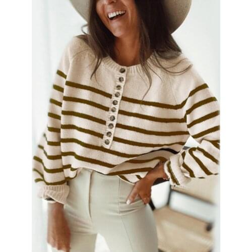 Women Sweater Horizontal Stripes Single Breasted Autumn Winter Knitted Long Sleeve Top Pullover Streetwear Casual Female Sweater