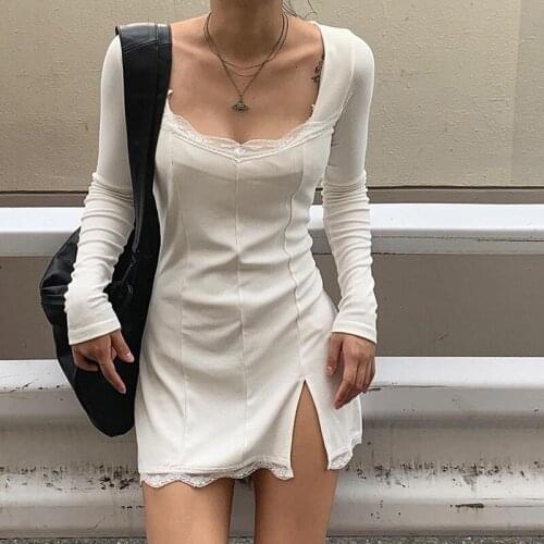 Novel Winter Autumn Dress Women Sexy Lace Patchwork Long Sleeve White Black Split Mini Dress Vestidos Party Club Outfits Clothes