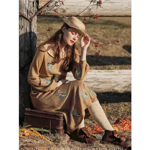 Original Design AIGYPTOS Spring Autumn Winter Women Vintage Mori Girls England Rose Embroidery Golden Thread Knitted Dresses