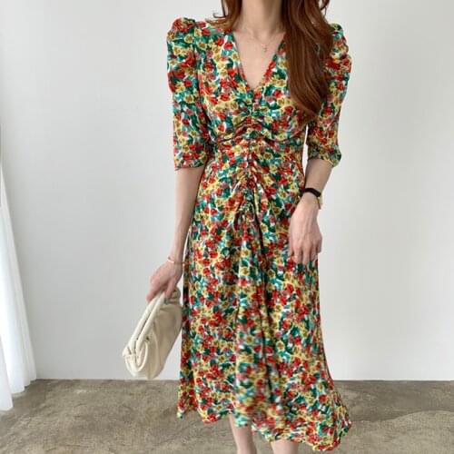 Vintage Floral Dress Women Elegant Draw String Chiffon Korean Dress Puff Sleeve V Neck Midi Dresses for Women 2021 YOU769