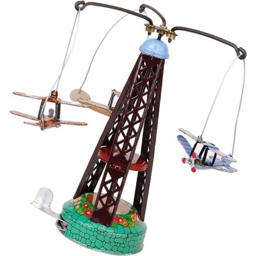 5" Retro Clockwork Tin Toy Carousel Airplane, Office/Desktop/Bookshelf Decor