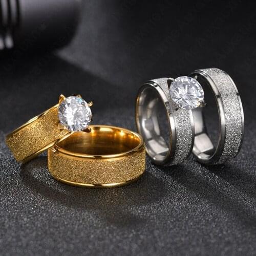 Bling Cubic Zircon Engagement Rings for Couples Gold Titanium Steel Romantic Wedding Ring Women Men Jewelry