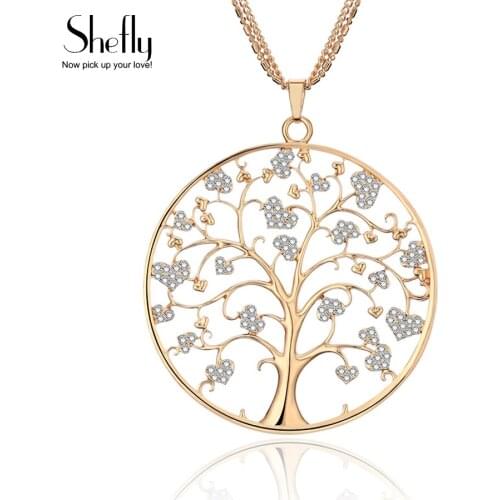 Big Round Tree Of Life Pendant with Heart CZ Crystal Necklaces For Women Long Necklace Sweater Chain Accessory Luxu Jewelry Gift