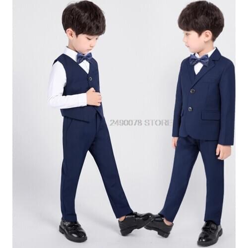 Kids Suit for Weddings Flower Boys Formal Tuxedo Dress Jacket Vest Pants Tie 4PCS Children Prom Party Performance Costume
