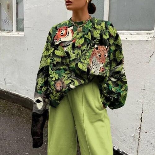 Fun Green Leaves Tigers Printed Sweatshirt Women Vintage Streetwear O-neck Long Sleeve Tops Harajuku Brand Fashion Teens Clothes