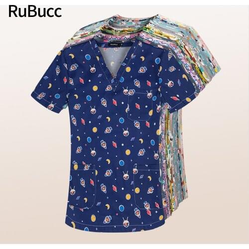 Cartoon Print Cotton Costume Medical Surgical Doctor Scrubs Tops Unisex Adults Beauty Salon Sleeves Dental Nursing Work Short