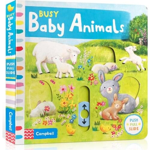 Campbell Busy Baby Animals Push Pull Movable Mechanical Sliding Book English Picture Flap Cardboard Book Baby Kids Learning Toy