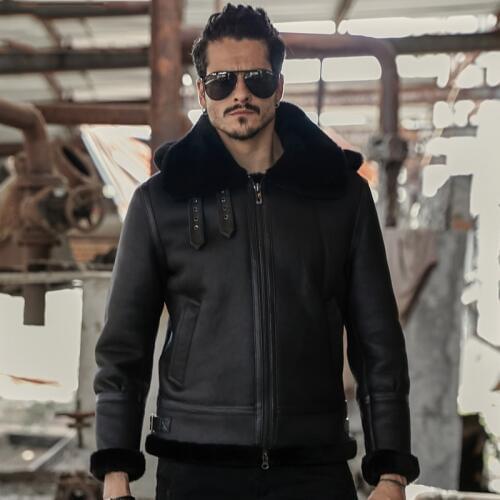 B3 Mens Sheepskin Shearling Jacket Original Flying Jacket Mens Fur Coat Aviation Pilots Coat