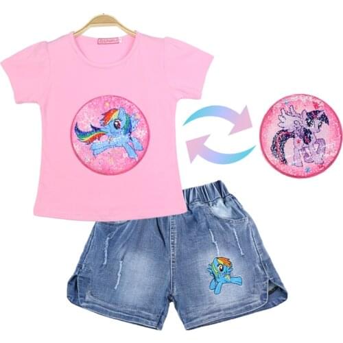 Summer Girls Sets Jeans + T-shirt Velcro Sequins Change Graphics Cotton Childrens Casual Fashion Two-piece Suit 3-8 Years Old