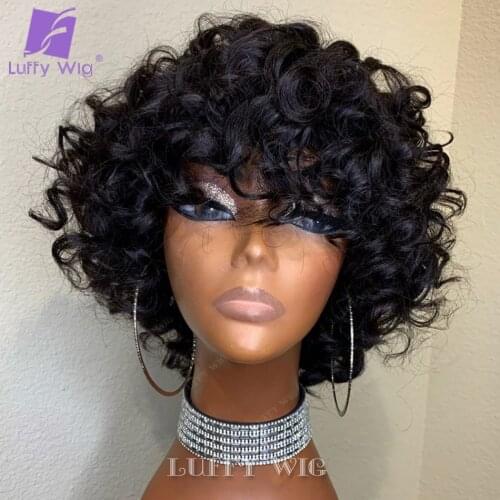 Luffywig Short Curly Human Hair Wigs With Bangs Remy Brazilian Scalp Base Top Full Machine Made Wigs with Bang For Black Women