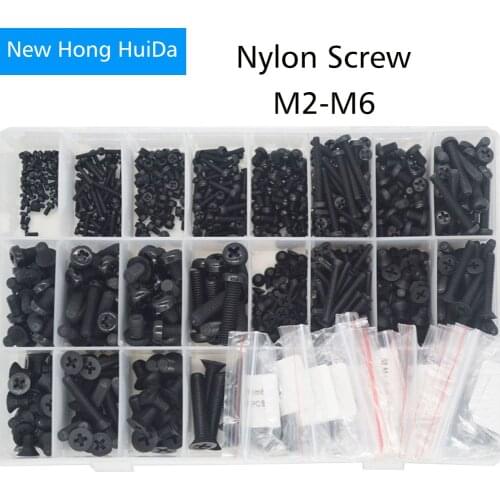 M2 M2.5 M3 M4 M5 M6 Black Nylon Pan Head Phillips Machine Screw Metric Thread Plastic Round Bolt Nut Assortment Kit Set