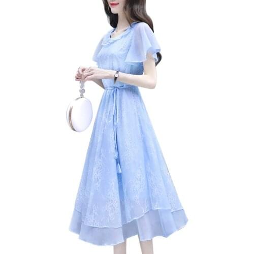 Fashion White Women Elegant Vintage Sweet Lace blue Dress Stylish Sexy Sweet Neck Princess Beach Summer Sundress Female Vestidos