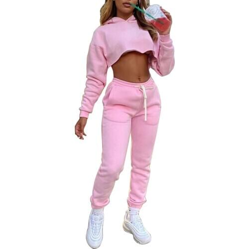 Fashion Sport 2 Piece Set Solid Tracksuit Sport Outfits Women Long Sleeve Short Hoodie Sweatshirt Tops+Joggers Pants Streetwear