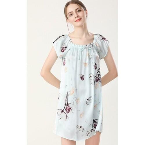100% Silk Nightgown Women with Short Sleeve Print Nightdress Relaxed Fit Ladies Nightie Sleepwear Satin Nightwear sp0169