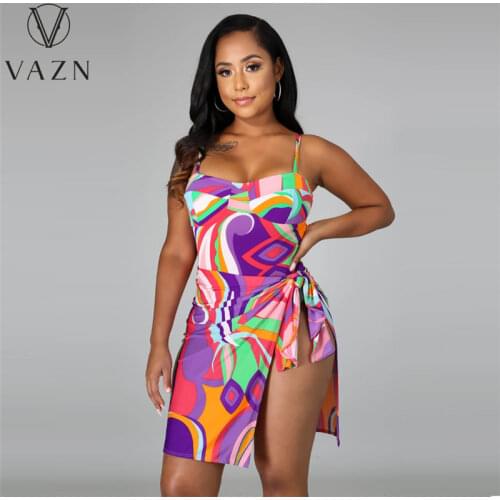 VAZN New 2021 Summer Bikini Bandage Bodycon Beach Mini Sexy Regular Sleeveless Dress Women Elegant Fashion Dress Slim Dress