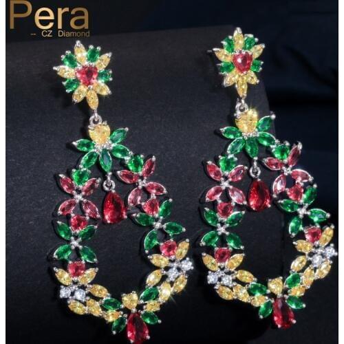 Pera Bohemian Style 5.5 cm Big Hollow Colorful Cubic Zircon Vintage Women Long Dangle Drop Earring Costume Jewelry For Gift E182