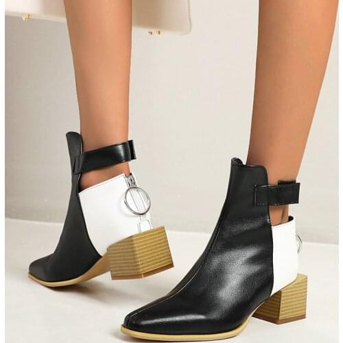 Clearance-Sale Round Toe Ankle Boots for Women Autumn Winter Western Cowboy Boots Women Black Square Med Heel Boots