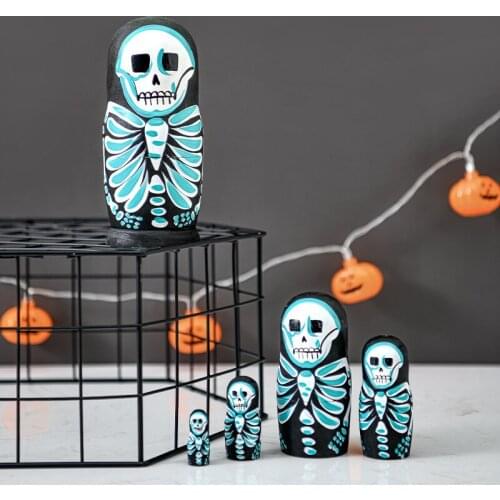 5 Pcs/Set Skull Russian Dolls Hand Painted Home Decor Birthday Gifts Baby Toy Nesting Dolls Wooden Matryoshka Toys