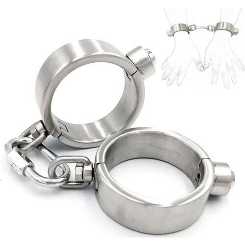 Sex Shop Hi-Q Stainless Steel Press Lock Handcuffs Restraints Fetish Slave BDSM Lockable Manacle Sex Toys For Women Man Couples