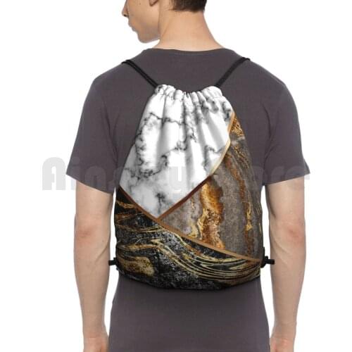 Silver Gray And Black Marble With Bronze Backpack Drawstring Bags Gym Bag Waterproof Silver Marble Bronze Brass Luxury