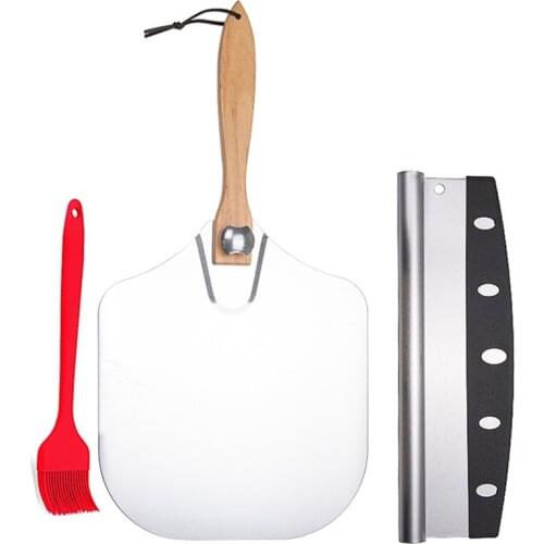 Pizza Peel Set-Pizza Spatula 12 Inch X 14 Inch+Pizza Rocker Cutter+Pastry Brush-Metal Pizza Peel/Foldable Wood Handle