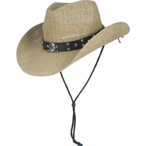 Women Men Straw Hollow Western Cowboy Hat With Punk Brand Sombrero Hombre Beach Cowgirl Jazz Sun Hat Size 56-58CM