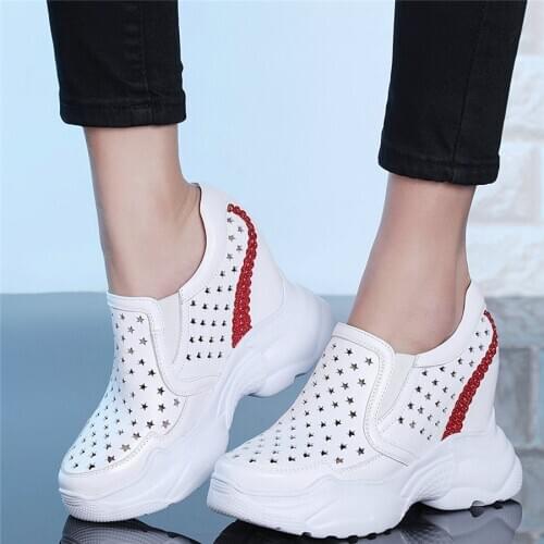 Women Genuine Leather Wedges High Heel Platform Pumps Shoes Female Breathable Round Toe Fashion Sneakers Casual Oxfords Shoes