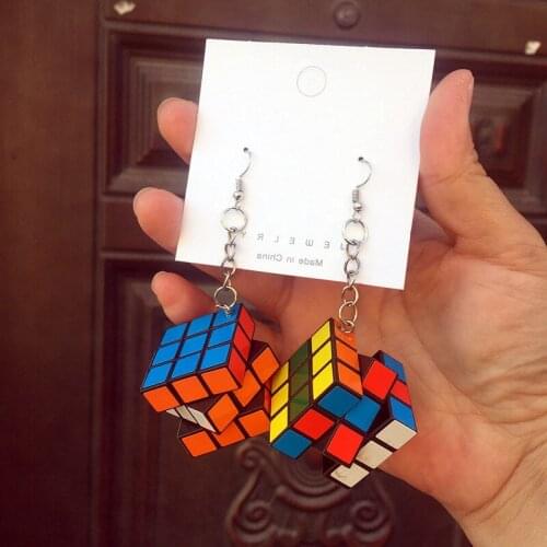 Funny Cool Rubiks Cube Drop Earrings for Women Exaggerated Handmade Colors Geometric Pendant Earring Resin Girl Novelty Jewelry