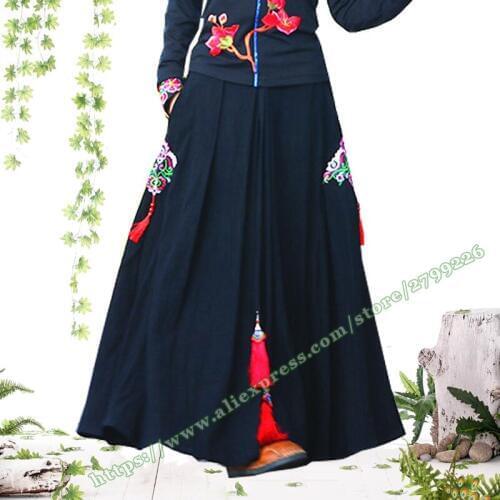 2019 Retro Casual Autumn Plus Size 6XL 7XL 8XL Casual Black Cotton Linen National Tassel Female Long Skirt Designs Skirts Womens