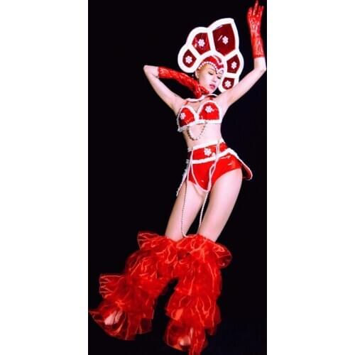 Halloween Festival Party Stage Costumes For Women Sexy Red Bikini Suit Pearl Chain Nightclub Pole/Jazz Dance Clothing DWY4749