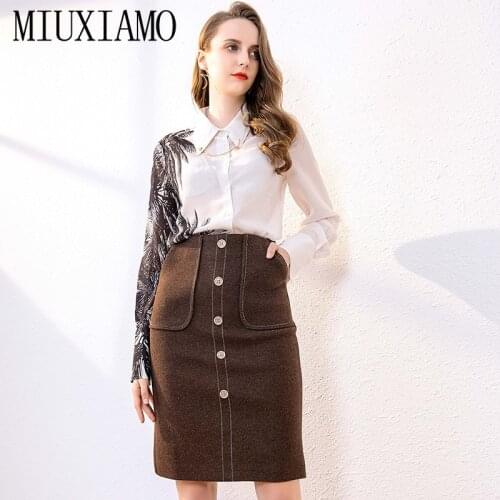MIUXIMAO 2020 Spring Retro Polo Collar Chain Printed 100% Silk Shirts Sheath Medium Length Skirt Suits Women Two Piece Set