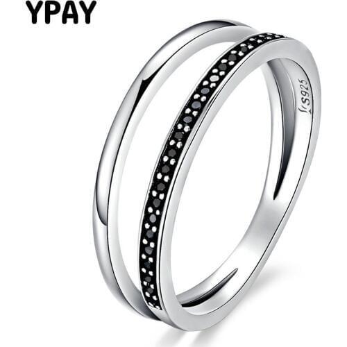 YPAY Double Circle Black Clear CZ Stackable Finger Ring Women Real 925 Sterling Silver Fine Jewelry Mothers Day Gift YMR149