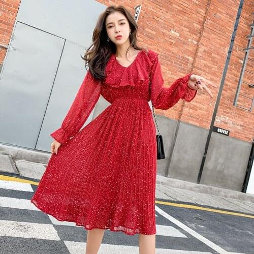New style dresses spring autumn temperament mid-length elastic waist pleated chiffon sweet polka dot flared sleeve vestidos D327