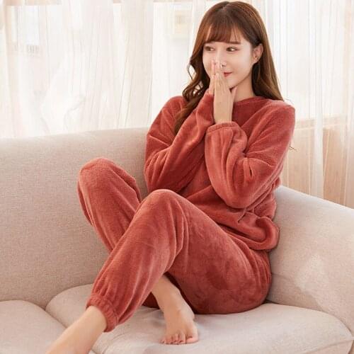 Winter Pajama Set Women Pant Suits 2 Two Piece Set Women Fleece Pajamas Sleepwear Thick Warm Velvet Female Nightgown Suit Pajama