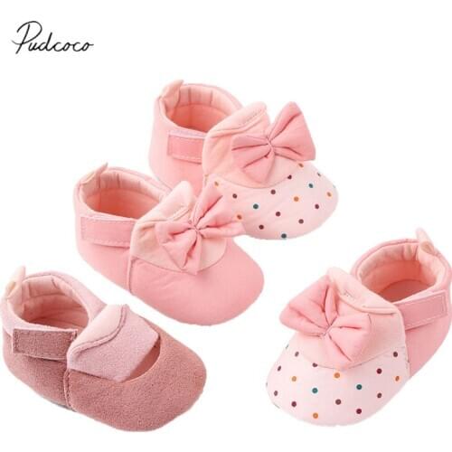 2021 Newborn Toddler Baby Girls Shoes Anti-Slip Bowknot Cotton Shoes Prewalker Soft Sole Shoes Solid First Walkers Princess