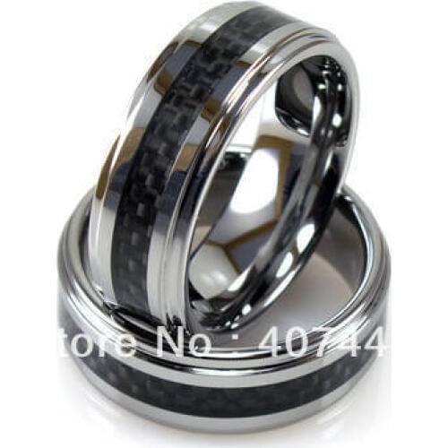 Free Shipping!Wholesales USA Hot Sales E&C Jewelry Mens Tungsten Stepped Edged Black Carbon Fiber RingHis/Her Best Wedding Ring