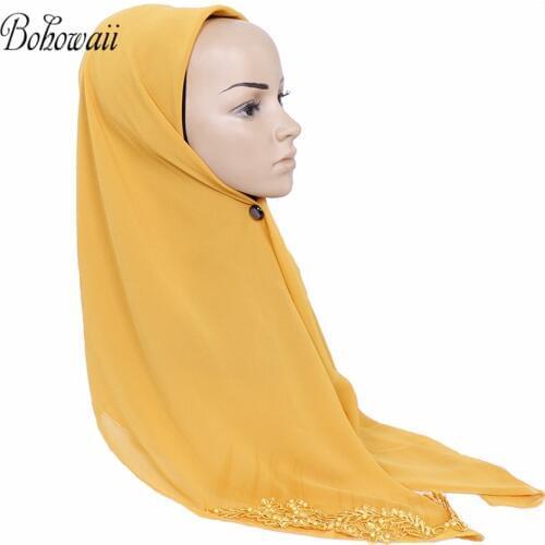 BOHOWAII Ramadan Fashion Embroidery Bonnet Hijab Scarf Bubble Chiffon Muslim Turban Femme Musulman Summer Beading Headband