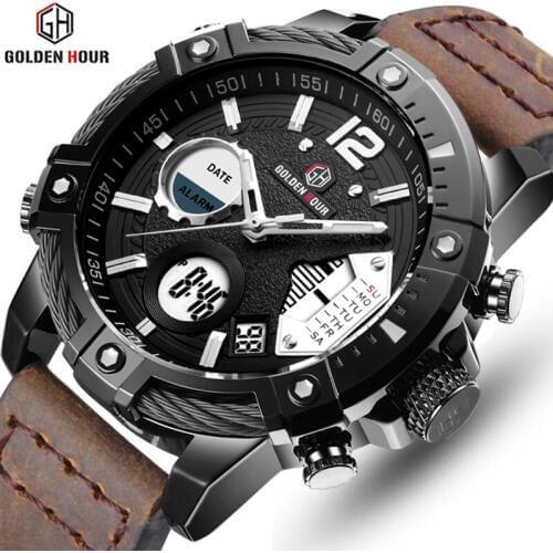 GOLDENHOUR Men Watch Top Luxury Brand Mens Military Sports Watches Leather Quartz Wristwatch Waterproof LED Digital Male Clock