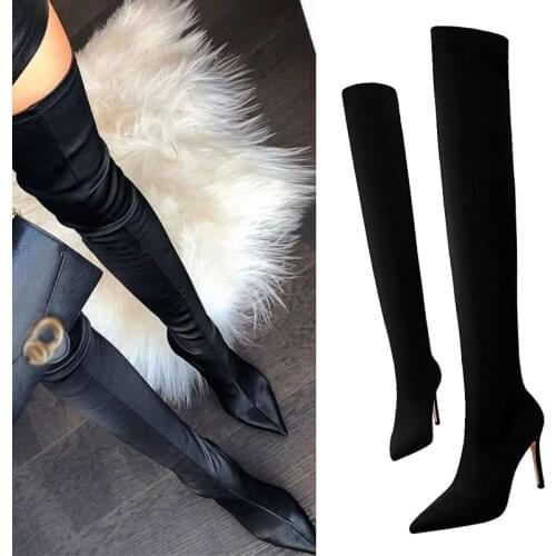 EOEODOIT High Stiletto Heels Above Knee High Boots Long Boot Women Sexy Pointy Toe Lycra Autumn Spring Stretchy Booties 9.5 cm