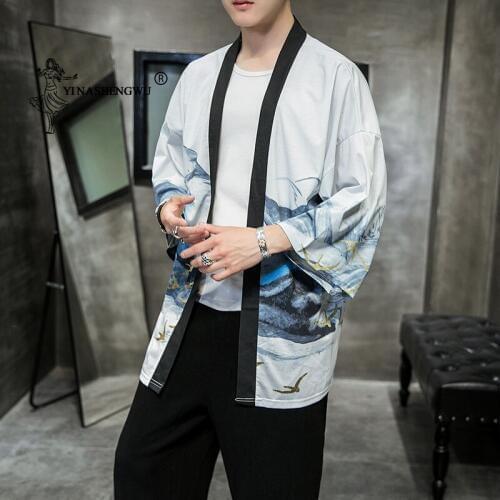 Japanese Kimono Men Yukata Print Kimono Cardigan Men Sun Protection Shirt Beach Thin Casual Boulses Kimono Cosplay Costume Top