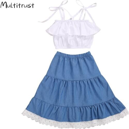 Boutique Kid Clothes Summer Toddler Girls Holiday Clothes Sets Lace Ruffles Sleeveless Sling Tops + A-Line Skirts 2pcs