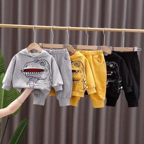 2021 Baby Clothing Sets Fashion Toddler Baby Boys Cartoon Dinosaur Printed Hooded Tops+Pants Outfits Sets Children Sport Suit
