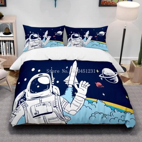 Cartoon Astronaut Space Duvet Cover Set Planets Stars Bedding Kids Boys Girls Galaxy Comforter Quilt Cover Queen Blue Dropship
