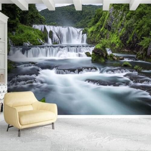 Customize Beautiful water wealth Croatia forest waterfall scenery 3d background wall mural environmental Self Adhesive wallpaper