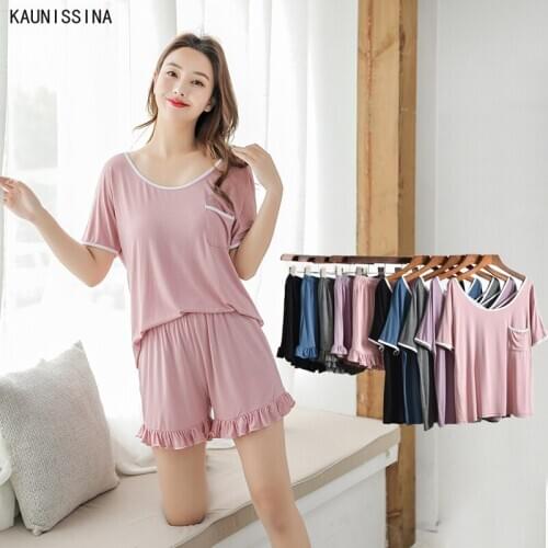 Summer Pajamas Women Short Sleeve Pajamas Set Loose Shorts Modal Cozy Sleepwear Set Home Clothing Ladies Lingerie Homewear Suit