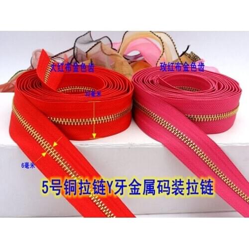 Metal 5#/5meters zip+5pcs pullers/red rose/ red brass close end for bags garment shoes/DIY accessories free shipping