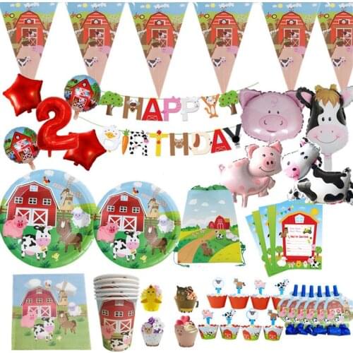 Cartoon Farm Animals Happy Birthday Party Tableware Sets Decoration Supplies Tablecloth Plate Cup Straw Banner Cupcake Toppers