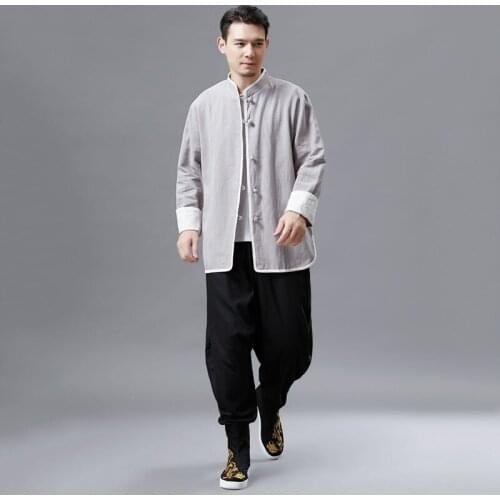 Men Chinese Style Hanfu Men Tops Tang Suit Tai Chi Kung Fu Clothes Jackets Cotton Linen T-Shirt Oriental Fashion Clothing 12125
