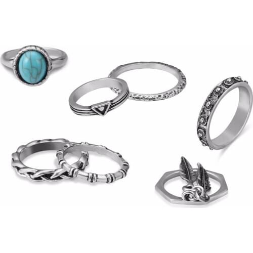 Lureme 7PCS Bohemian Retro Vintage Feather Boho Punk Joint Knuckle Ring Sets Finger Rings (rg001958)